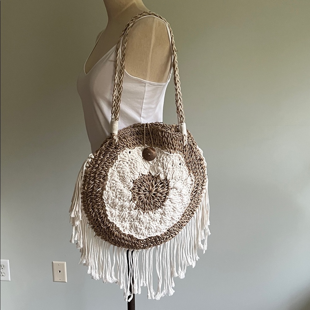 Beige and White Woven Fringe Shoulder Bag